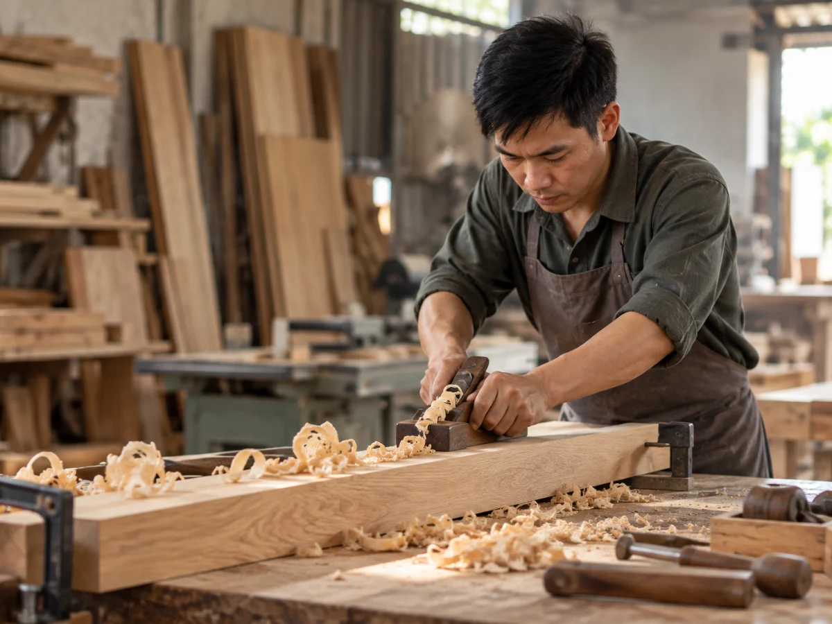 Thợ mộc bào gỗ tại xưởng Mộc Lâm